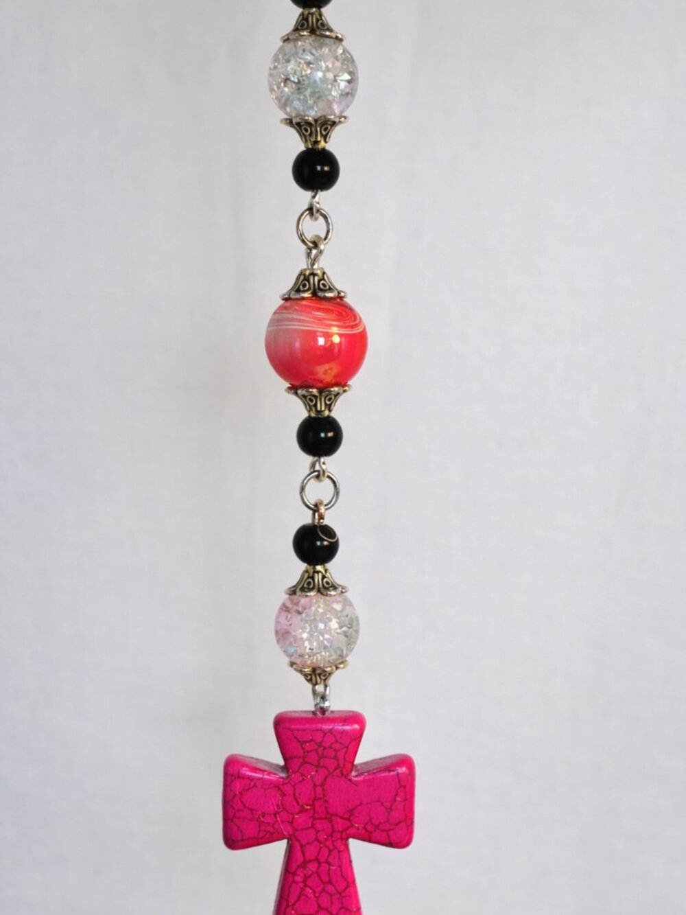 Pink Cross Car Mirror Charm • Beaded Rearview Mirror Accessory • Handmade
